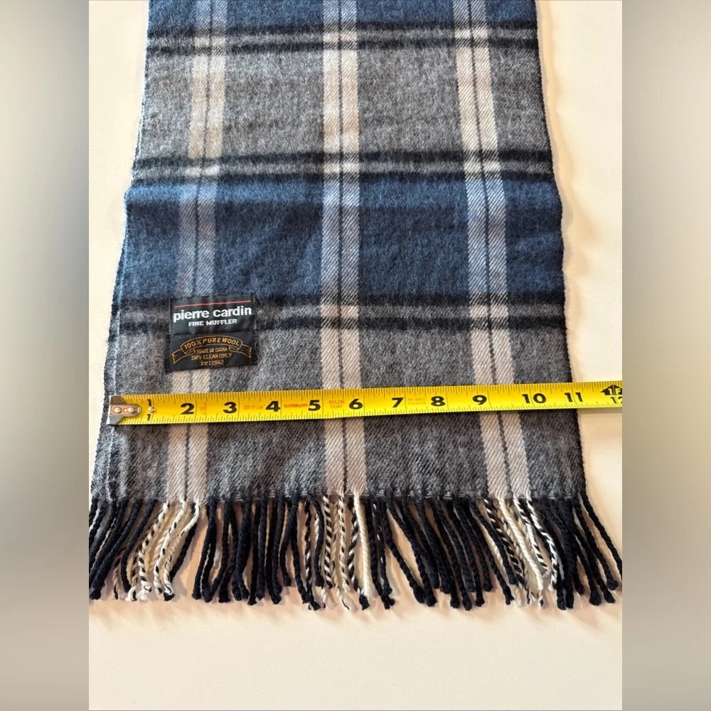 Pierre Cardin Tartan Plaid Men’s Scarf Pure Wool Gray Blue Fringe 12